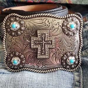 Western Silver Cross Buckle Belt with Turquoise Accents - Men Black Leather